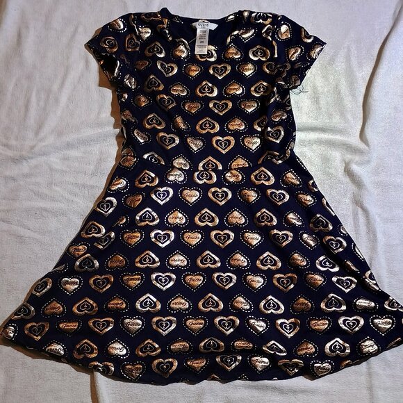 GUESS/Dress/Girls Large 6X/Gold & White/Heart Print Short Sleeve Casual Fashion - Picture 1 of 11
